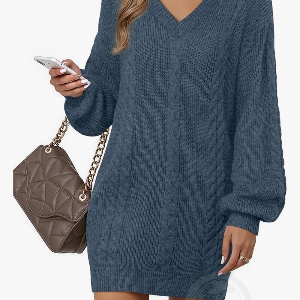 V-Neck Cable Knit Sweater Dress - Slate Blue